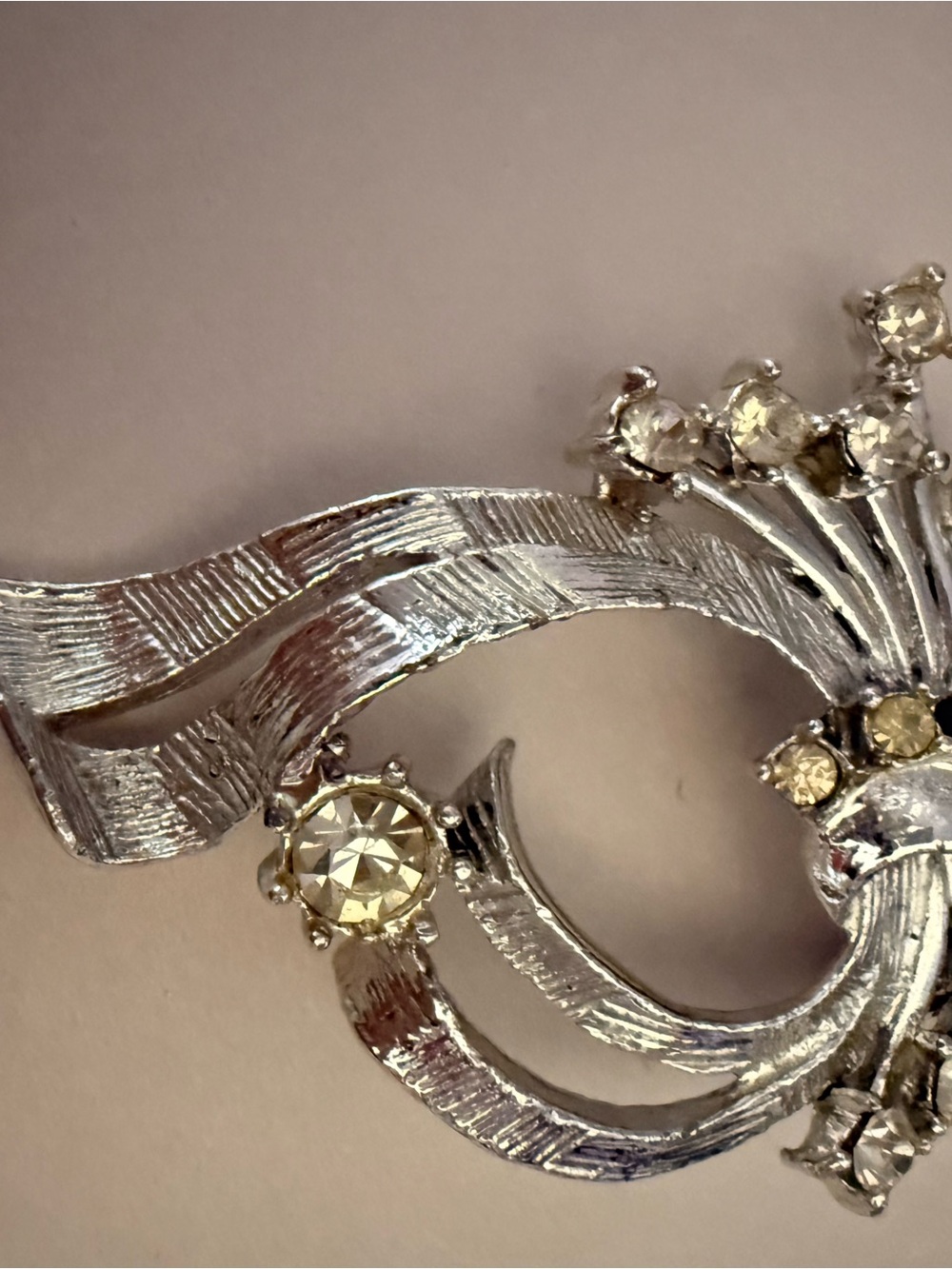 Vintage Silver Tone Rhinestone Swirl Spray Brooch Mid Century Statement Pin
